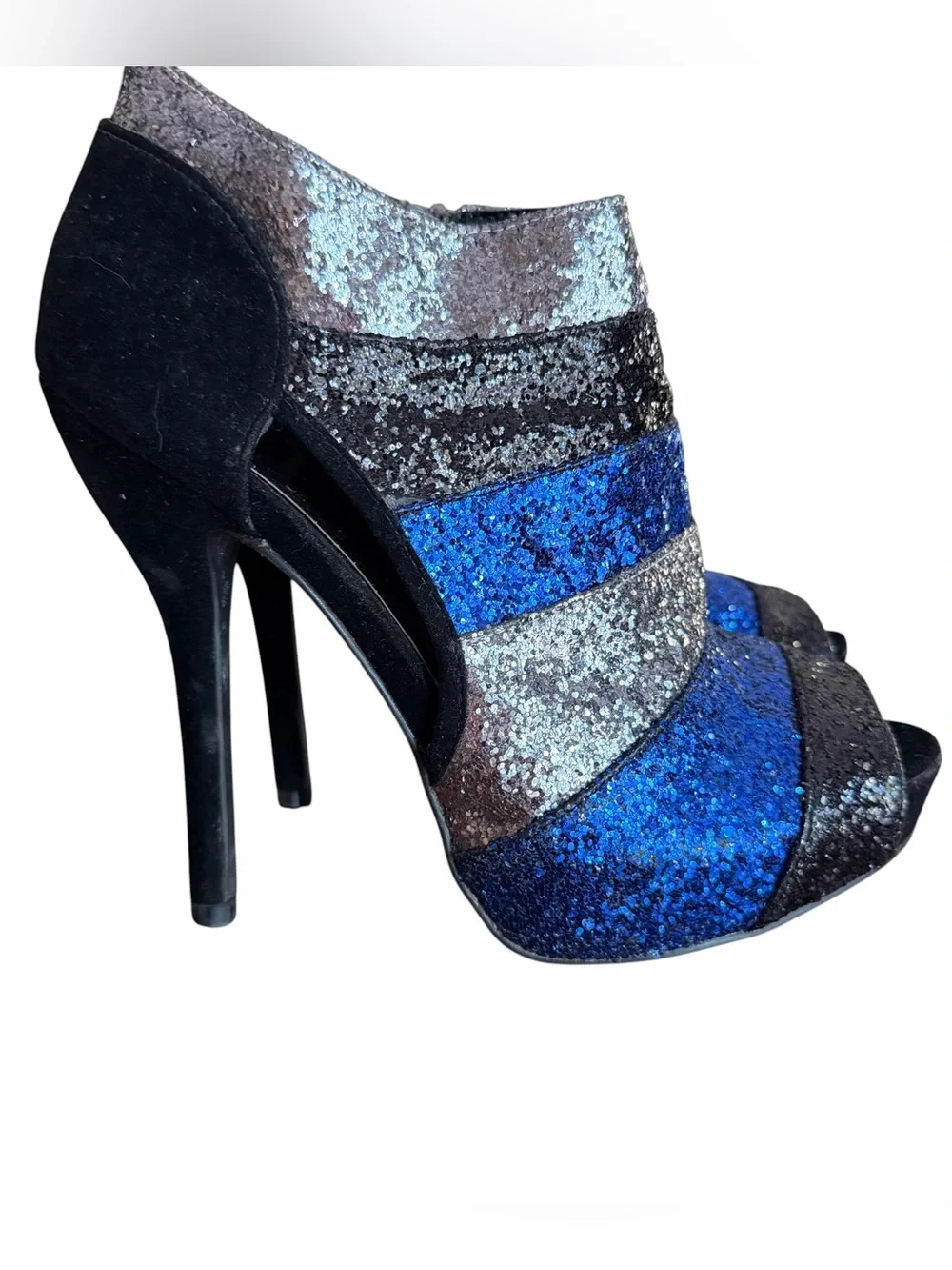 Vintage Y2K Deb Glitter Peep Toe Ankle Booties 5.5” Heel Blue Silver Sz 8.5